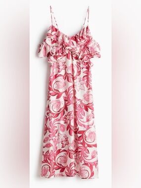 NWT H&M PINK GLORAL FLOUNCED OPEN-SHOULDER DRESS